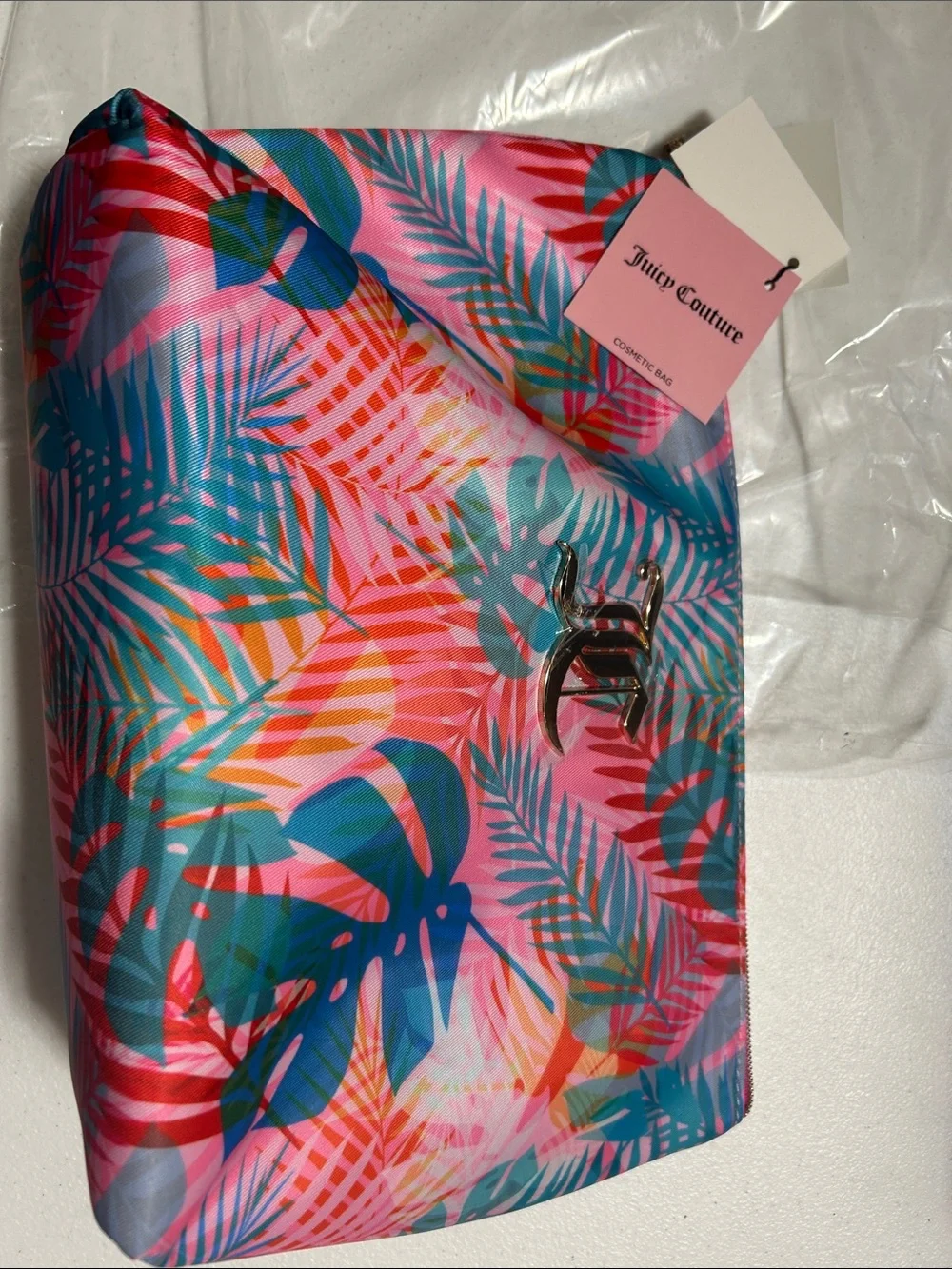 Juicy Couture Pink Tropical Leaf Print Cosmetic Pouch